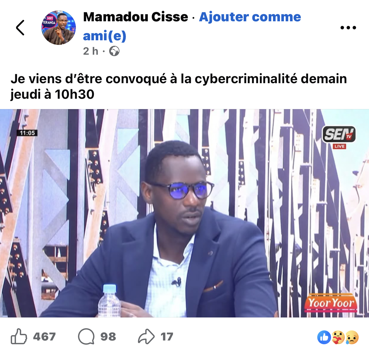 Le chroniqueur Mamadou Cissé, alias Momo Cissé, a annoncé sa convocation sur sa page Facebook. Il est attendu devant les enquêteurs de la Division spéciale de cybersécurité ce jeudi, à partir de 10 h 30.